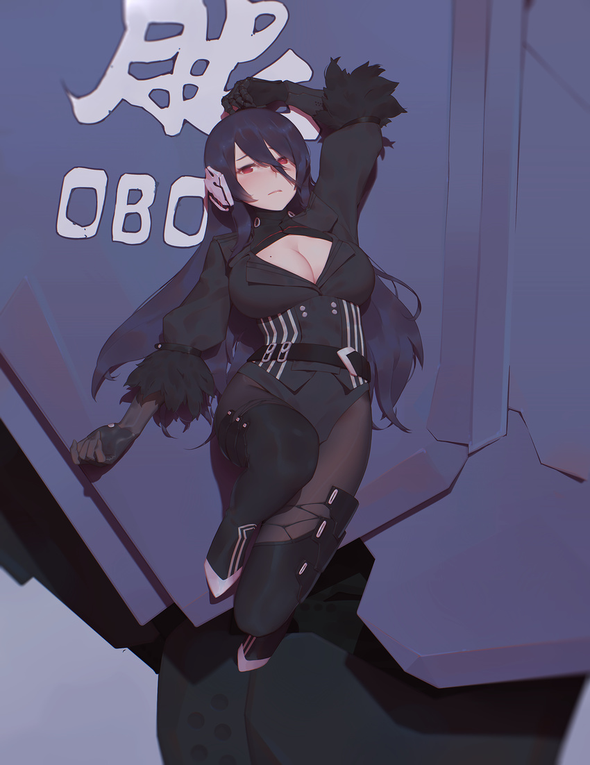 arm_up black_gloves black_hair black_legwear boots breasts cleavage closed_mouth gloves hair_between_eyes headgear highres iron_saga large_breasts leg_up long_hair looking_at_viewer lying maredoro mole mole_on_breast oboro_(iron_saga) on_back pantyhose red_eyes robot_joints sidelocks solo thigh_boots thighhighs turtleneck