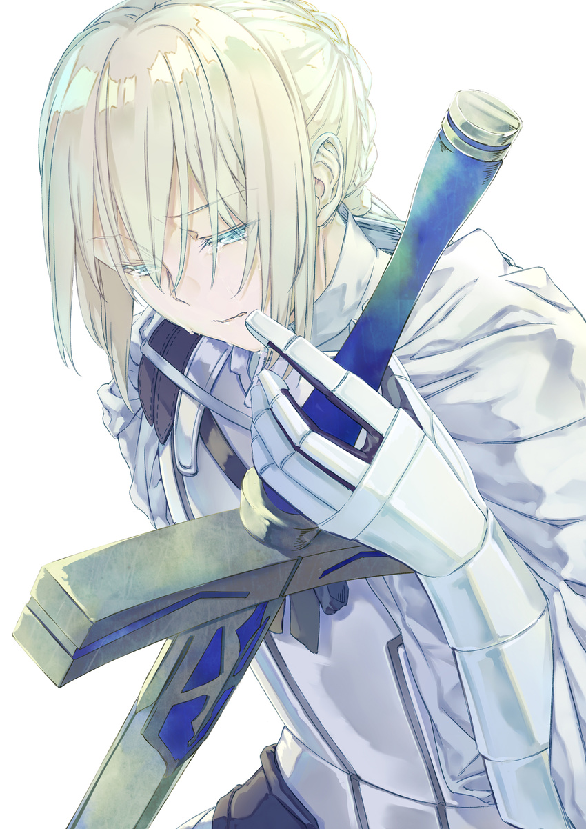 armor bedivere blonde_hair blue_eyes breastplate cape commentary_request crying crying_with_eyes_open excalibur fate/grand_order fate_(series) gauntlets highres holding holding_sword holding_weapon long_hair male_focus parted_lips saijou_haruki simple_background solo sword tears weapon