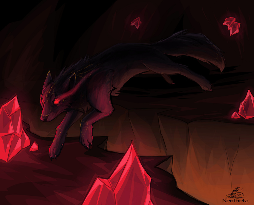 2017 canine cavern crystals detailed_background digital_media_(artwork) feral fox glowing glowing_eyes mammal neotheta paws solo