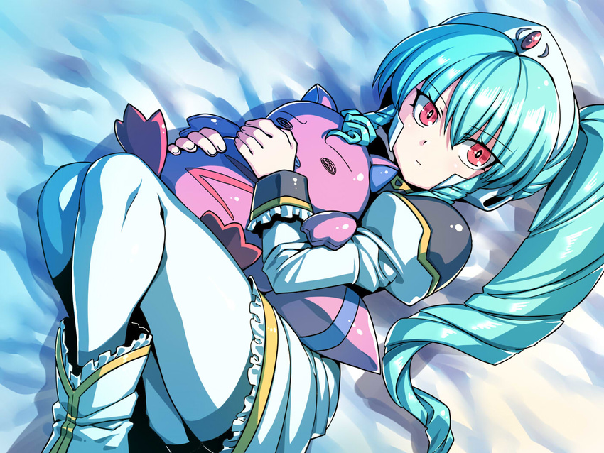 angel_wing_uniform aqua_hair commentary_request galaxy_angel hat holding holding_stuffed_animal long_hair looking_at_viewer lying on_back pantyhose red_eyes solo stuffed_animal stuffed_toy tsuki_wani vanilla_h white_hat white_legwear