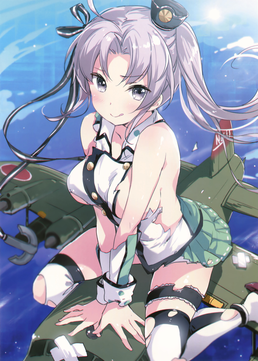 absurdres aircraft airplane akitsushima_(kantai_collection) arm_support bad_id bad_yandere_id bangs breast_press breasts chiyingzai dated flying_boat from_above hair_ornament hair_ribbon hat highres kantai_collection long_hair medium_breasts military military_uniform mini_hat miniskirt nishikitaitei-chan parted_bangs pleated_skirt purple_eyes purple_hair ribbon scan side_ponytail sideboob sidelocks skirt thighhighs thighs tongue tongue_out torn_clothes uniform very_long_hair water zettai_ryouiki
