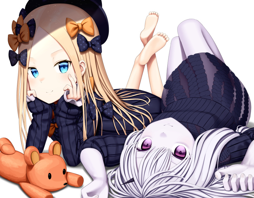 2girls abigail_williams_(fate/grand_order) absurdres arm_support arms_up bangs barefoot black_bow black_dress black_hat blonde_hair blue_eyes bow closed_mouth commentary_request dress eyebrows_visible_through_hair fate/grand_order fate_(series) fingernails forehead hair_between_eyes hair_bow hat highres horn knees_up lavinia_whateley_(fate/grand_order) legs_up long_hair long_sleeves lying multiple_girls on_back on_stomach orange_bow pale_skin parted_bangs polka_dot polka_dot_bow purple_eyes sanbe_futoshi shadow silver_hair sleeves_past_wrists smile soles stuffed_animal stuffed_toy teddy_bear very_long_hair white_background