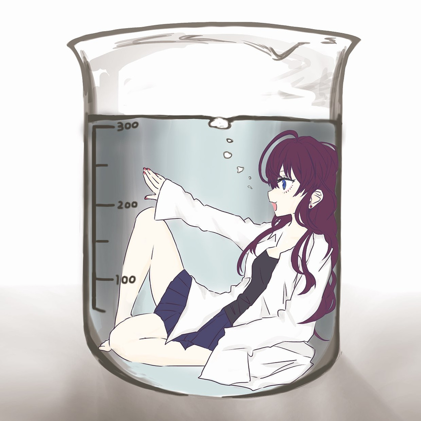 beaker blue_eyes bubble earrings fingernails highres ichinose_shiki idolmaster idolmaster_cinderella_girls in_container jewelry labcoat long_hair nail_polish open_mouth purple_hair skirt solo stud_earrings submerged