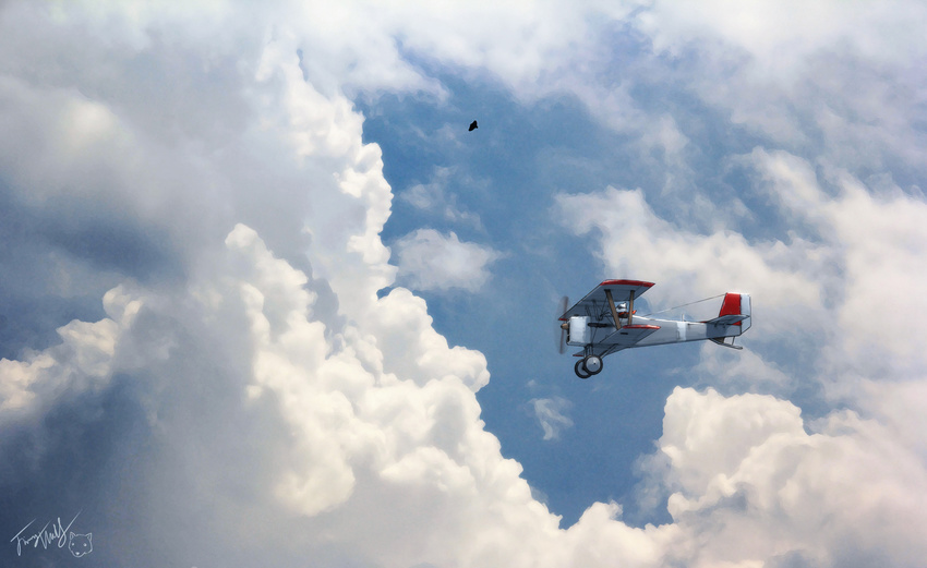 airplane animal biplane bird blue_sky clothed_animal cloud cloudy_sky day flying highres langbazi no_humans original outdoors scenery signature sky solo