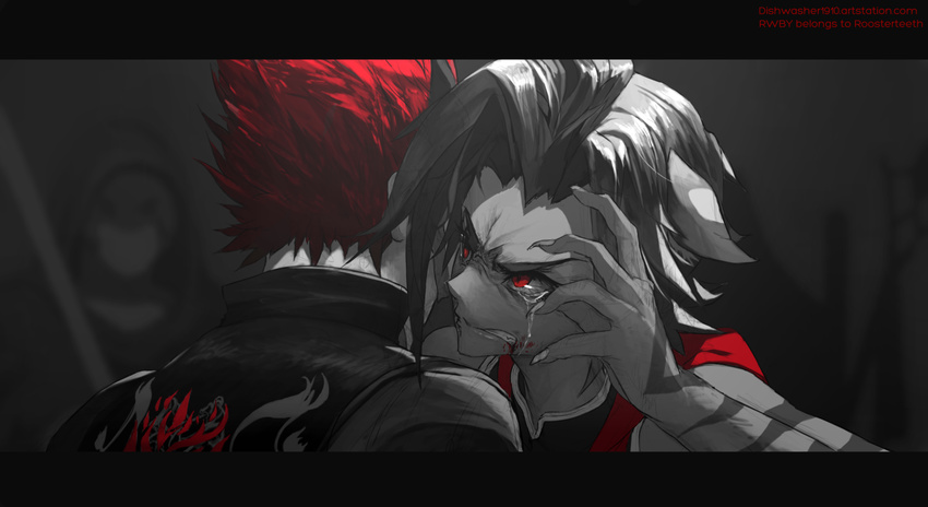 1girl adam_taurus angry animal_ears betrayal blood blood_from_mouth clenched_teeth commentary crying crying_with_eyes_open dishwasher1910 dying fingernails highres letterboxed murder red_hair rwby sharp_fingernails sienna_khan streaming_tears tears teeth tiger_ears upper_body watermark web_address