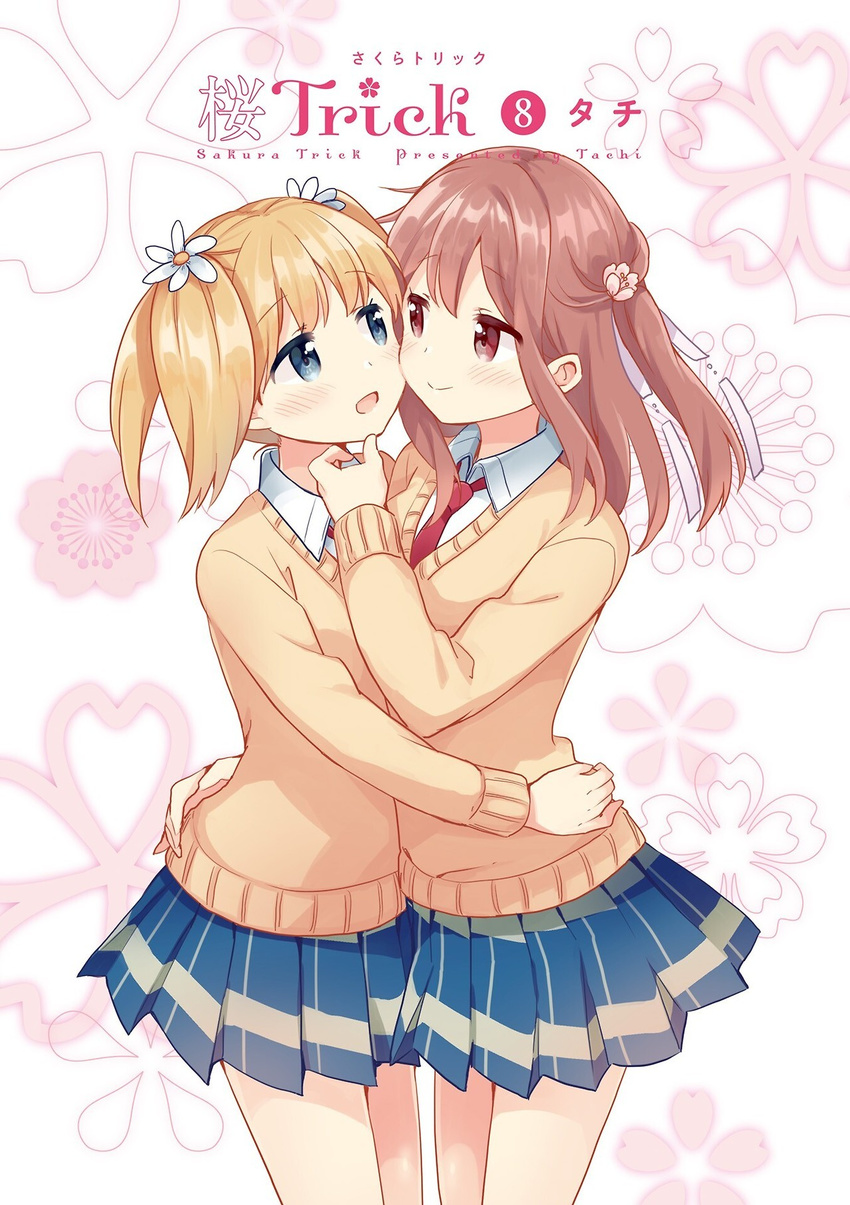 blonde_hair blush canon collared_shirt couple cover flower flower_petals hair_ornament hairclip happy necktie official official_art open_mouth petals pigtails pink_hair ribbon sakura_trick school_uniform simple_background skirt smile sonoda_yuu tachi_(gutsutoma) takayama_haruka thighs uniform white_background yuri