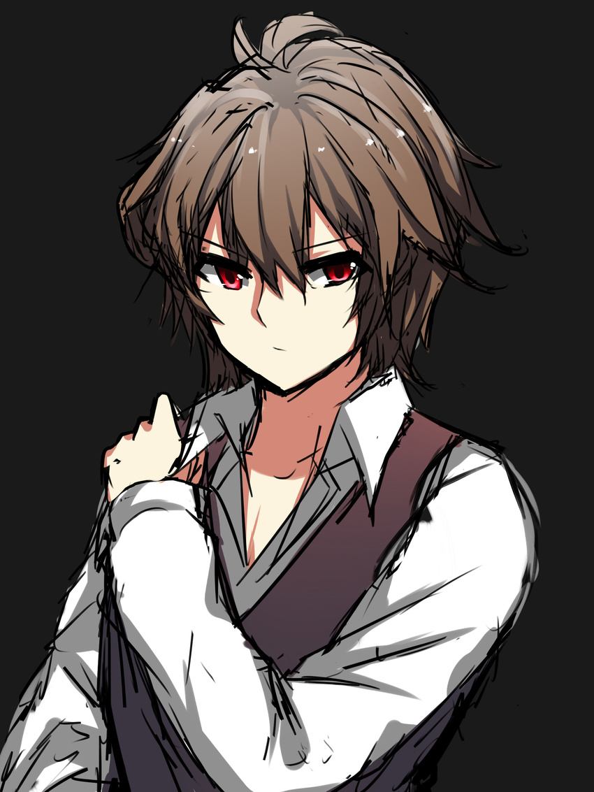 absurdres ahoge bangs brown_hair fate/apocrypha fate_(series) hands_on_shoulder highres long_sleeves looking_at_viewer male_focus red_eyes shirt sieg_(fate/apocrypha) solo waistcoat white_shirt zzb