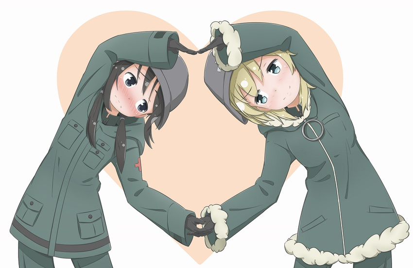 bangs black_eyes black_gloves black_hair blonde_hair blue_eyes blush brodie_helmet chito_(shoujo_shuumatsu_ryokou) coat commentary_request cowboy_shot eye_contact eyebrows_visible_through_hair fur-trimmed_coat fur_trim gloves green_coat hair_tie heart heart_arms heart_arms_duo helmet leaning_to_the_side long_hair looking_at_another low_twintails military military_uniform miruzawa_akechi multiple_girls nose_blush red_cross shoujo_shuumatsu_ryokou simple_background stahlhelm standing twintails uniform white_background winter_clothes yuri yuuri_(shoujo_shuumatsu_ryokou)