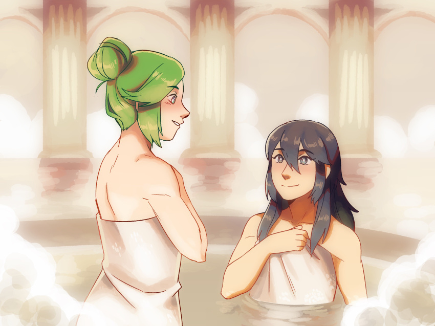 2girls absurdres bare_shoulders bath blue_eyes blue_hair blush breasts couple fire_emblem fire_emblem:_kakusei frogbians green_eyes green_hair hair_bun highres jewelry kid_icarus long_hair lucina multiple_girls naked_towel necklace nintendo onsen palutena smile super_smash_bros. super_smash_bros._ultimate towel very_long_hair water yuri