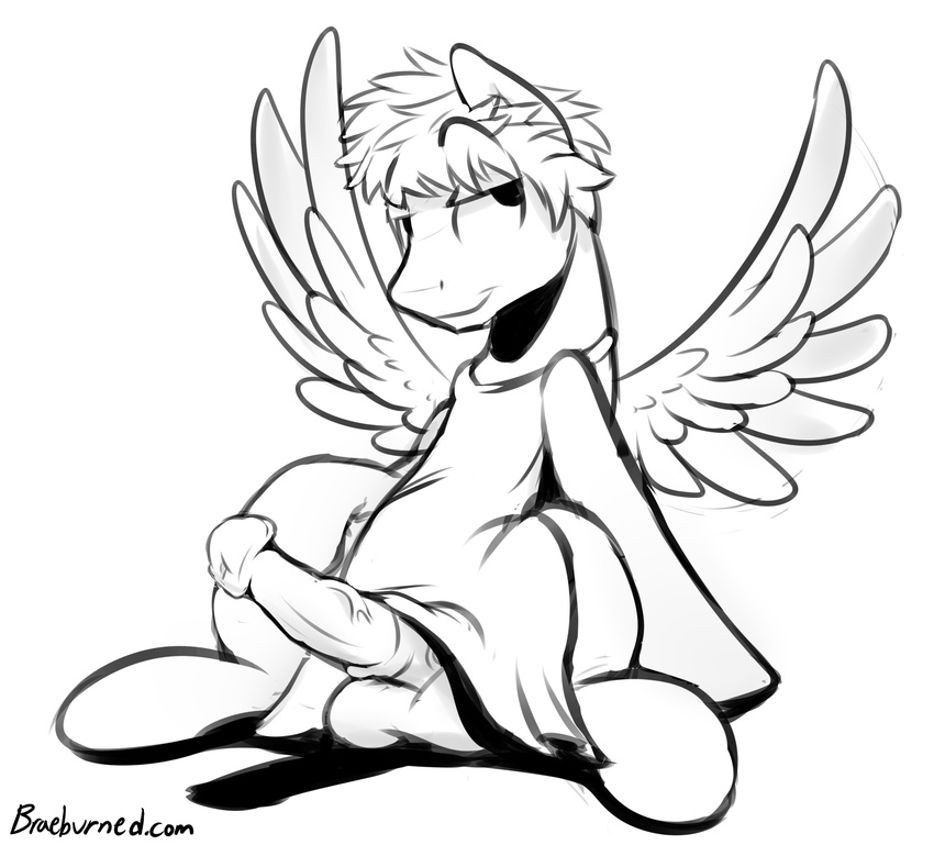 animal_genitalia animal_genitlia animal_penis balls braeburned clothed clothing equine equine_penis erection friendship_is_magic male mammal medial_ring monochrome my_little_pony partially_clothed pegasus penis simple_background smile solo text white_background wings