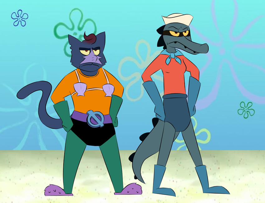 0 2017 alligator anthro ascot barnacle_boy bea_(nitw) belt belt_buckle bikina boots cat clothing crocodilian crossover feline footwear frown hair humor logo mae_(nitw) mammal marine mermaid_man nickelodeon night_in_the_woods null_symbol parody pouting reptile sailor sailor_hat sarcasticcartoonist_(artist) scalie scowling seashell slippers spongebob_squarepants starfish