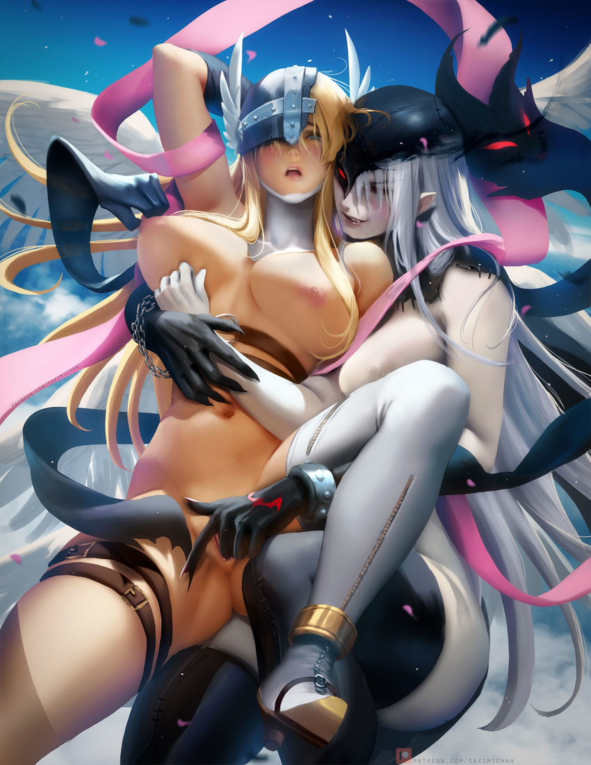 2girls angel_wings angewomon areolae arms_behind_head artist_name bare_shoulders blonde_hair blue_eyes breast_grab breast_press breasts chains claws cleavage digimon digimon_adventure fang gloves groin helmet highres ladydevimon large_breasts legs lipstick long_hair medium_breasts multiple_girls navel nipples one_eye_covered open_mouth pale_skin parted_lips pointy_ears red_eyes restrained sakimichan silver_hair single_thighhigh thigh_grab uncensored web_address yuri