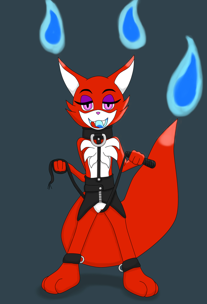 bondage_gear bottomless canine clitoris clothed clothing collar cuffs_(disambiguation) fangs female fire fox leather mammal monster pussy raikoo simple_background solo tongue topless whip willowisps wisp_(scare_games)