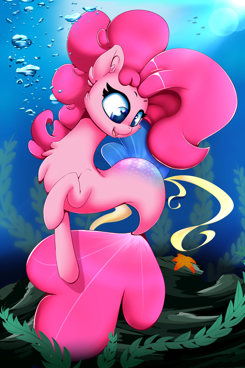 2017 absurd_res blue_eyes detailed_background digital_media_(artwork) female feral fin friendship_is_magic hair hi_res madacon my_little_pony pink_hair pinkie_pie_(mlp) sea_pony smile solo underwater water