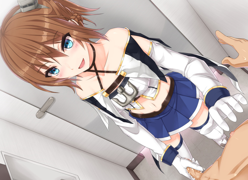 1girl anchor azur_lane bad_revision bangs bare_shoulders blue_eyes brown_hair censored_revision clothed_female_nude_male cubicle detached_sleeves dutch_angle gloves handjob hat hetero indoors looking_at_viewer md5_mismatch midriff mini_hat nm_(tshell2761) nude open_mouth penis pleated_skirt pov repulse_(azur_lane) short_hair skirt solo_focus thighhighs white_gloves