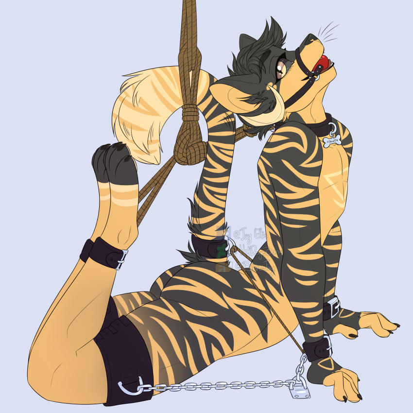 2018 4_toes 5_fingers absurd_res all_fours anthro ball_gag bdsm blvejay bondage bound butt chain claws collar cuffs_(disambiguation) detailed digital_media_(artwork) felid gag hair hi_res horn male mammal nude pantherine rope short_hair solo tiger toes