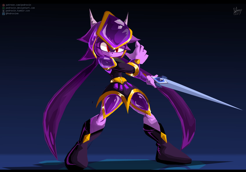 aquatic_dragon armor boots cape clothing costume dragon footwear freedom_planet freedom_planet_2 hair headgear horn long_hair melee_weapon merga pedrovin purple_body purple_hair red_eyes sash_lilac simple_background skinsuit sword tight_clothing video_games weapon