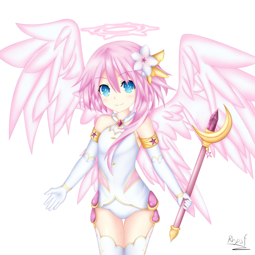 absurdres artist_name bare_shoulders blue_eyes cosplay elbow_gloves feathered_wings flower four_goddesses_online:_cyber_dimension_neptune gloves hair_flower hair_ornament halo highres holding holding_staff jewelry long_hair looking_at_viewer neptune_(series) pink_hair power_symbol ram_(choujigen_game_neptune) rhapsofree simple_background smile solo staff symbol-shaped_pupils white_background white_gloves white_heart white_heart_(cosplay) white_legwear white_sister_ram wings