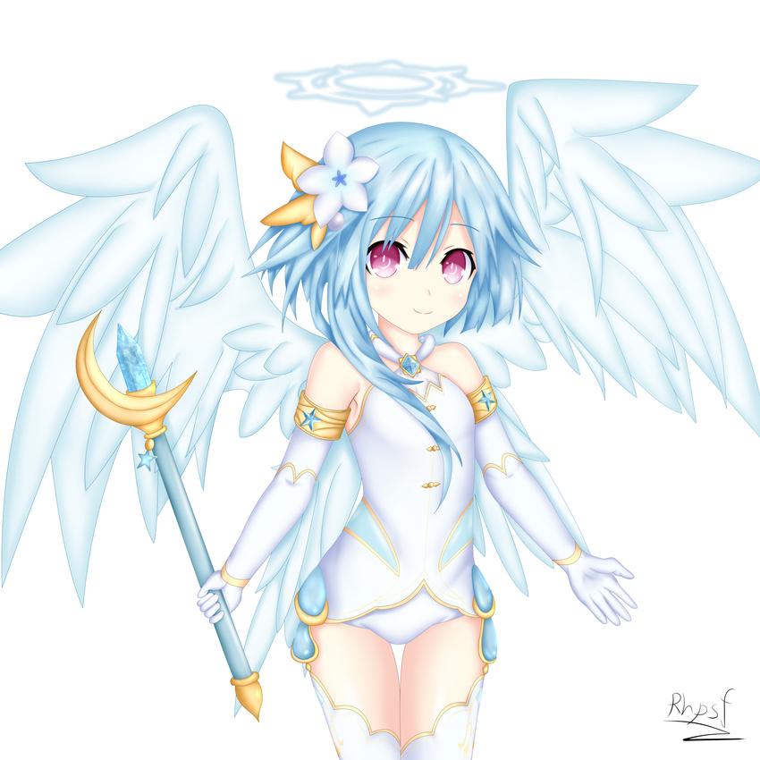 absurdres artist_name bare_shoulders blue_hair cosplay elbow_gloves feathered_wings flower four_goddesses_online:_cyber_dimension_neptune gloves hair_flower hair_ornament halo highres holding holding_staff jewelry long_hair looking_at_viewer neptune_(series) power_symbol red_eyes rhapsofree rom_(choujigen_game_neptune) simple_background smile solo staff symbol-shaped_pupils white_background white_gloves white_heart white_heart_(cosplay) white_legwear white_sister_rom wings