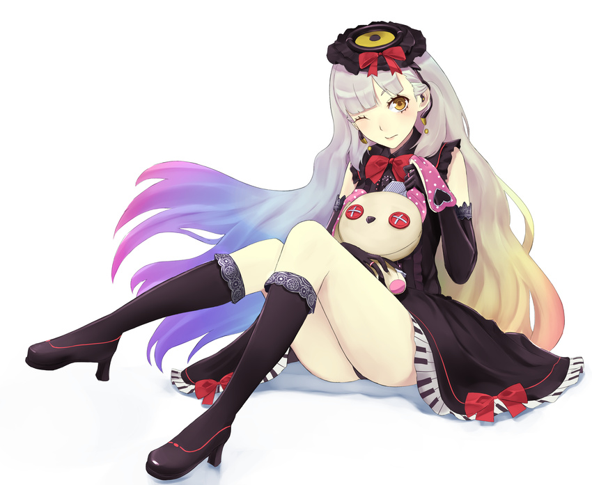 absurdres bare_legs black_dress black_gloves black_legwear black_panties blonde_hair boots bow buttons dress earphones earrings elbow_gloves full_body gloves hair_ornament high_heel_boots high_heels highres holding holding_stuffed_animal jewelry lolita_fashion long_hair looking_at_viewer mayu_(vocaloid) multicolored_hair one_eye_closed panties piano_print red_bow ribbon-trimmed_dress semimegami simple_background sitting solo stuffed_animal stuffed_bunny stuffed_toy thigh_boots thighhighs thighs underwear usano_mimi very_long_hair vocaloid white_background yellow_eyes