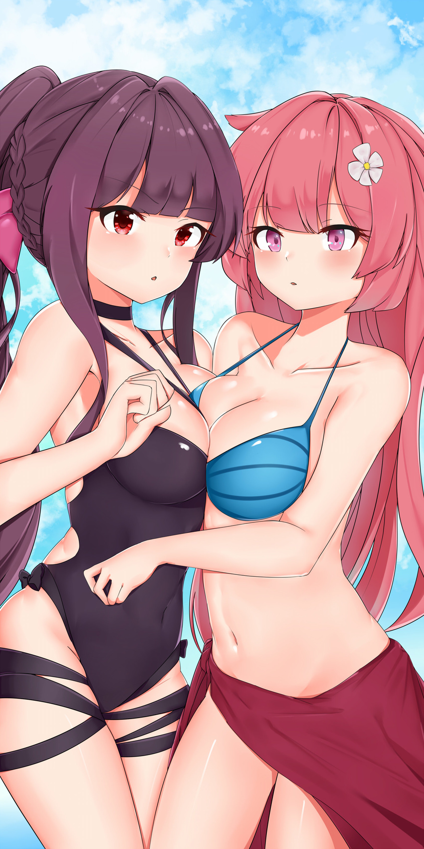 absurdres alternate_hairstyle asymmetrical_docking bangs bikini black_swimsuit blue_bikini blunt_bangs blush bow braid breast_press breasts cleavage collarbone commentary_request covered_navel eyebrows_visible_through_hair flower french_braid girls_frontline hair_bow hair_flower hair_ornament highres long_hair mapyarong medium_breasts multiple_girls navel ntw-20_(girls_frontline) one-piece_swimsuit parted_lips pink_bow pink_hair ponytail purple_eyes purple_hair sarong sidelocks swimsuit thighs wa2000_(girls_frontline) white_flower