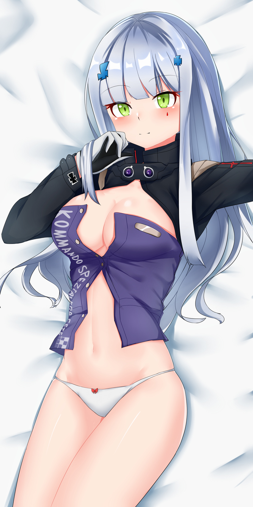 absurdres bangs bed_sheet black_gloves black_jacket blue_shirt blunt_bangs blush bow bow_panties breasts closed_mouth commentary_request eyebrows_visible_through_hair facial_mark girls_frontline gloves green_eyes grey_gloves hand_up highres hk416_(girls_frontline) jacket legs_together long_hair long_sleeves looking_at_viewer lying mapyarong medium_breasts on_back panties partially_unbuttoned red_bow shirt sidelocks silver_hair smile solo strapless teardrop thighs tubetop underwear white_panties
