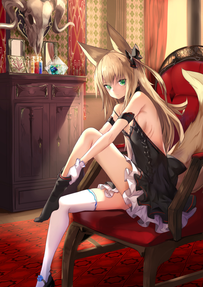 animal_ears animal_skull armchair bangs black_bow black_dress black_legwear blonde_hair bow breasts carpet chair commentary_request dress dressing eyebrows_visible_through_hair eyes_visible_through_hair fox_ears fox_girl frills green_eyes haik hair_bow highres indoors knee_up kokonoe_tsubaki long_hair looking_at_viewer mismatched_legwear one_side_up original parted_lips ribs sideboob sidelocks single_thighhigh skull small_breasts solo strap_slip thighhighs white_legwear wooden_chair