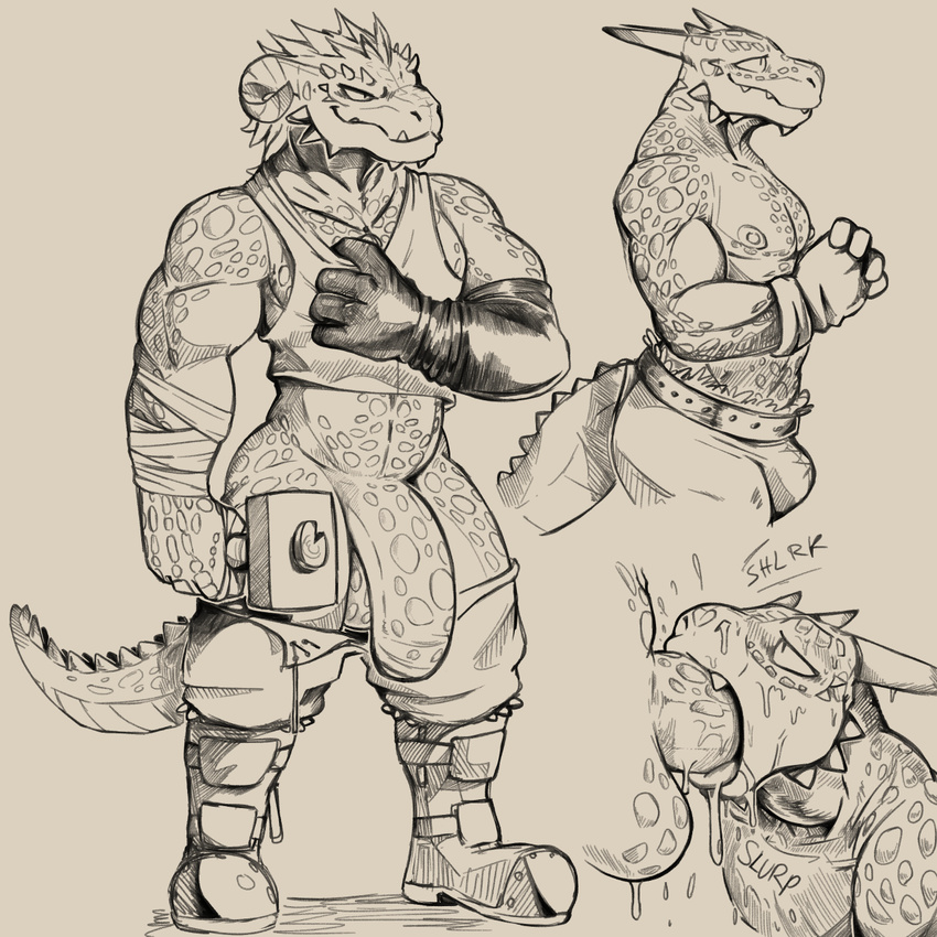 anthro argonian bandage big_penis bulge clothed clothing daftpatriot fellatio horn humanoid_penis male monochrome multiple_images muscular muscular_male neck_bulge oral pants_down partially_clothed penis scalie sex smile sweat the_elder_scrolls thick_thighs tongue tongue_out uncut unzipped video_games