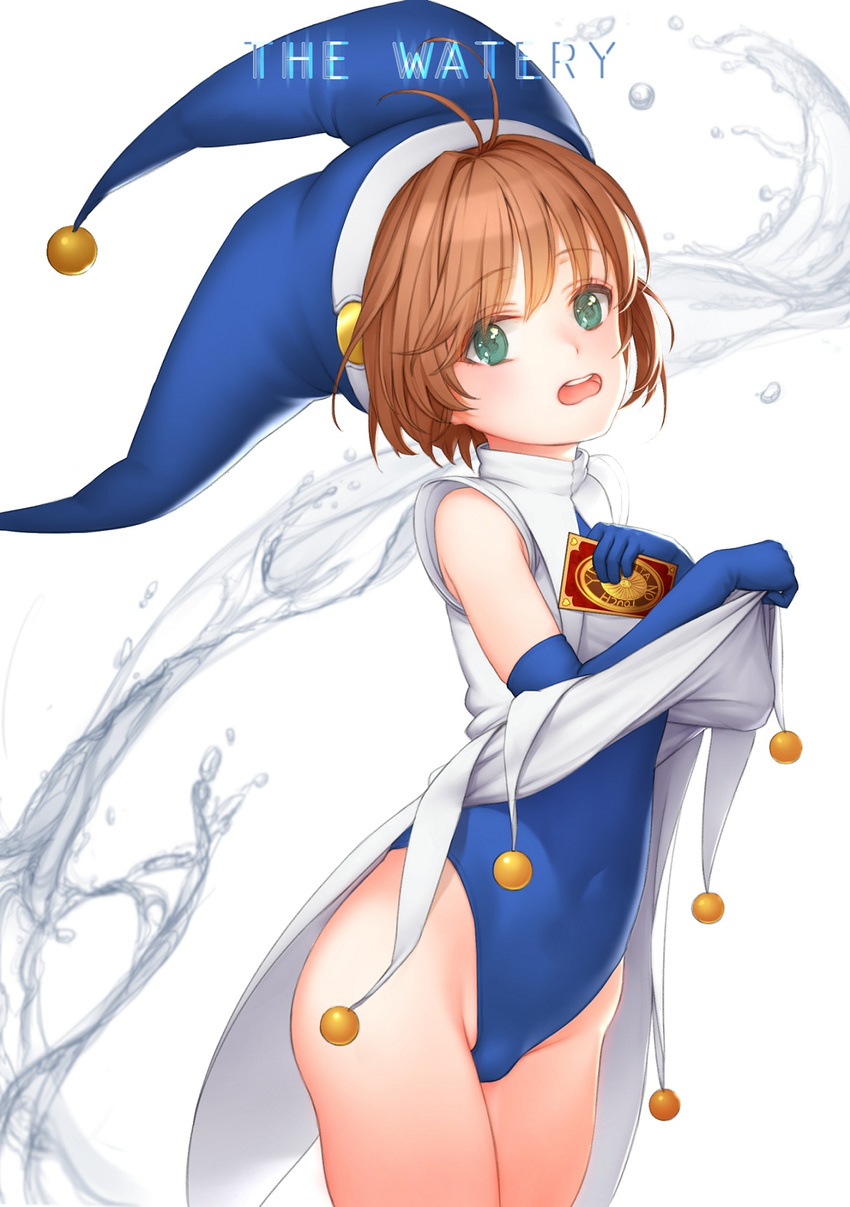 antenna_hair blue_gloves blue_leotard brown_hair card cardcaptor_sakura clow_card covered_navel dress elbow_gloves gloves green_eyes hat highleg highleg_leotard highres holding holding_card jester_cap kinomoto_sakura leotard leotard_under_clothes looking_at_viewer magical_girl open_mouth simple_background solo white_background white_dress yomena