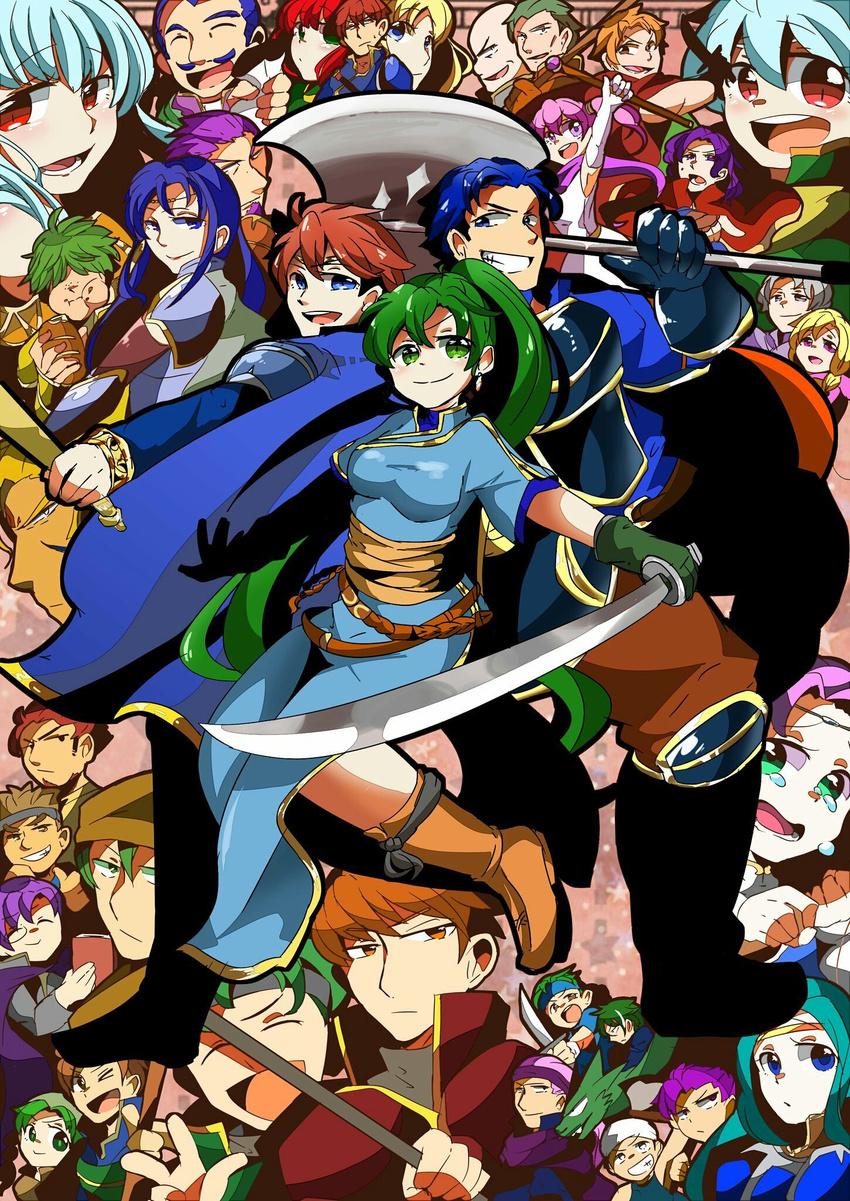 axe bandana bartre_(fire_emblem) blonde_hair blue_eyes blue_hair brown_hair canas_(fire_emblem) cape closed_eyes dark_skin dart_(fire_emblem) dorcas_(fire_emblem) dress earrings elbow_gloves eliwood_(fire_emblem) erk_(fire_emblem) fingerless_gloves fiora fire_emblem fire_emblem:_rekka_no_ken florina geitz_(fire_emblem) gloves green_eyes green_hair guy_(fire_emblem) hair_over_one_eye hawkeye_(fire_emblem) headband heath hector_(fire_emblem) highres isadora jewelry kent_(fire_emblem) legault long_hair looking_at_viewer louise lowen_(fire_emblem) lucius lyndis_(fire_emblem) male_focus mamkute marcus_(fire_emblem) matthew merlinus_(fire_emblem) multiple_boys multiple_girls necklace nils ninian open_mouth orange_hair oswin_(fire_emblem) pegasus_knight pent ponytail priscilla_(fire_emblem) purple_hair rath raven_(fire_emblem) rebecca_(fire_emblem) red_eyes red_hair sain serra short_hair simple_background smile sword tattoo wallace_(fire_emblem) weapon wil_(fire_emblem)