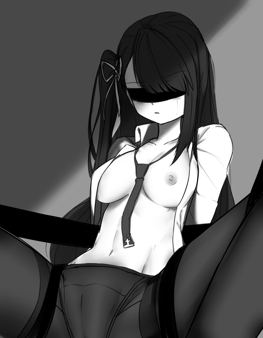 absurdres bangs blindfold blush breasts dress_shirt eyebrows_visible_through_hair girls_frontline greyscale groin highres long_hair mapyarong medium_breasts monochrome navel necktie nipples one_side_up open_clothes open_shirt pantyhose parted_lips shirt solo spread_legs tears thighband_pantyhose thighs very_long_hair wa2000_(girls_frontline)