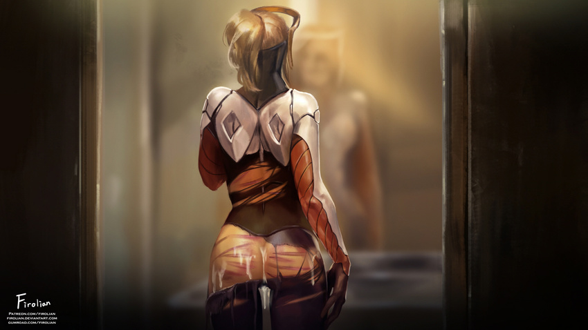 after_sex blonde_hair bruise cum cum_on_ass deviantart_username firolian from_behind gumroad_username highres injury mechanical_halo mercy_(overwatch) mirror no_wings overwatch pantyhose patreon_username ponytail skin_tight torn_clothes torn_legwear whip_marks