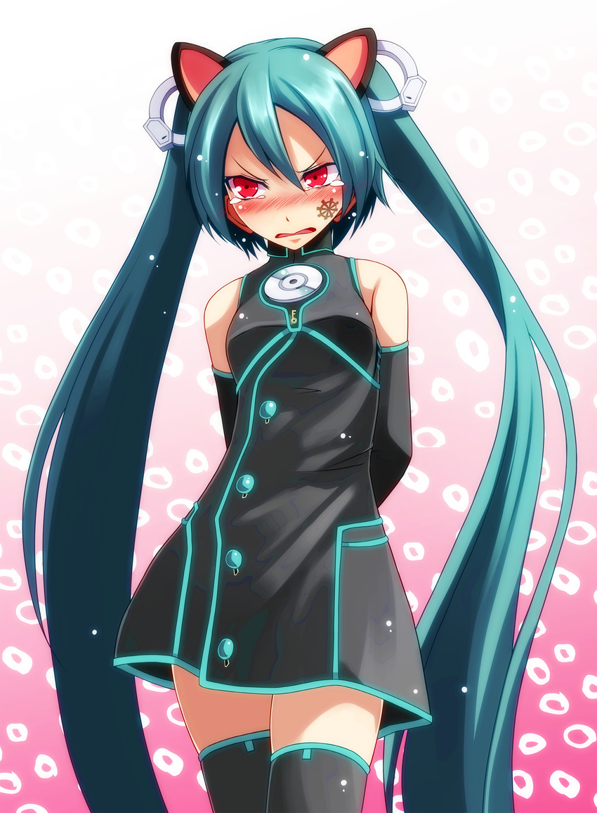 absurdres animal_ears aqua_hair bad_id bad_pixiv_id black_legwear blush boots cat_ears cowboy_shot cuffs detached_sleeves hair_ornament hatsune_miku highres long_hair project_diva_(series) project_diva_f red_eyes sadistic_music_factory_(vocaloid) sleeveless solo tears thigh_boots thighhighs tsukishiro_saika twintails very_long_hair vocaloid