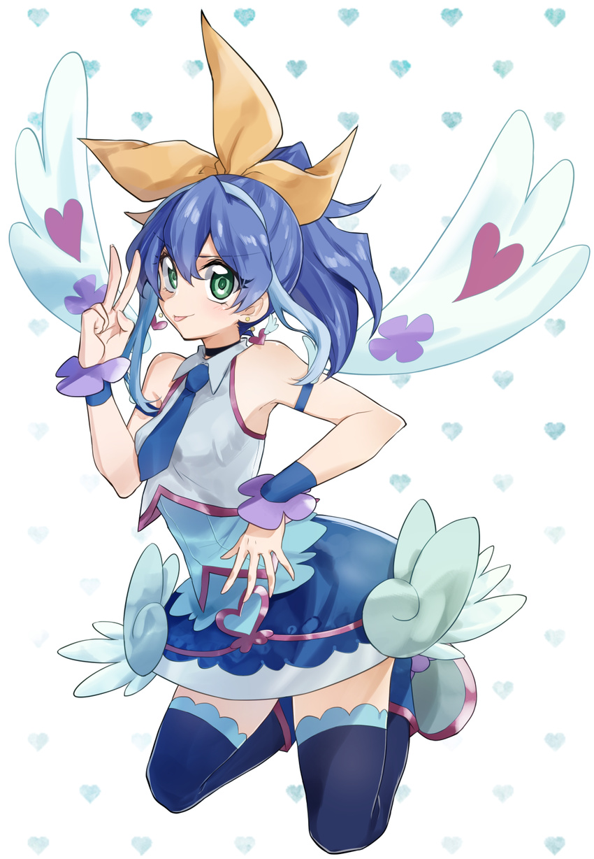 :p blue_angel blue_angel_(cosplay) blue_hair blue_neckwear commentary_request cosplay earrings green_eyes hair_ribbon heart heart_earrings highres jewelry kaya_rio looking_at_viewer multicolored_hair necktie ponytail ribbon serena_(yuu-gi-ou_arc-v) skirt sleeveless smile solo thighhighs tongue tongue_out two-tone_hair wings yuu-gi-ou yuu-gi-ou_arc-v yuu-gi-ou_vrains zaizen_aoi