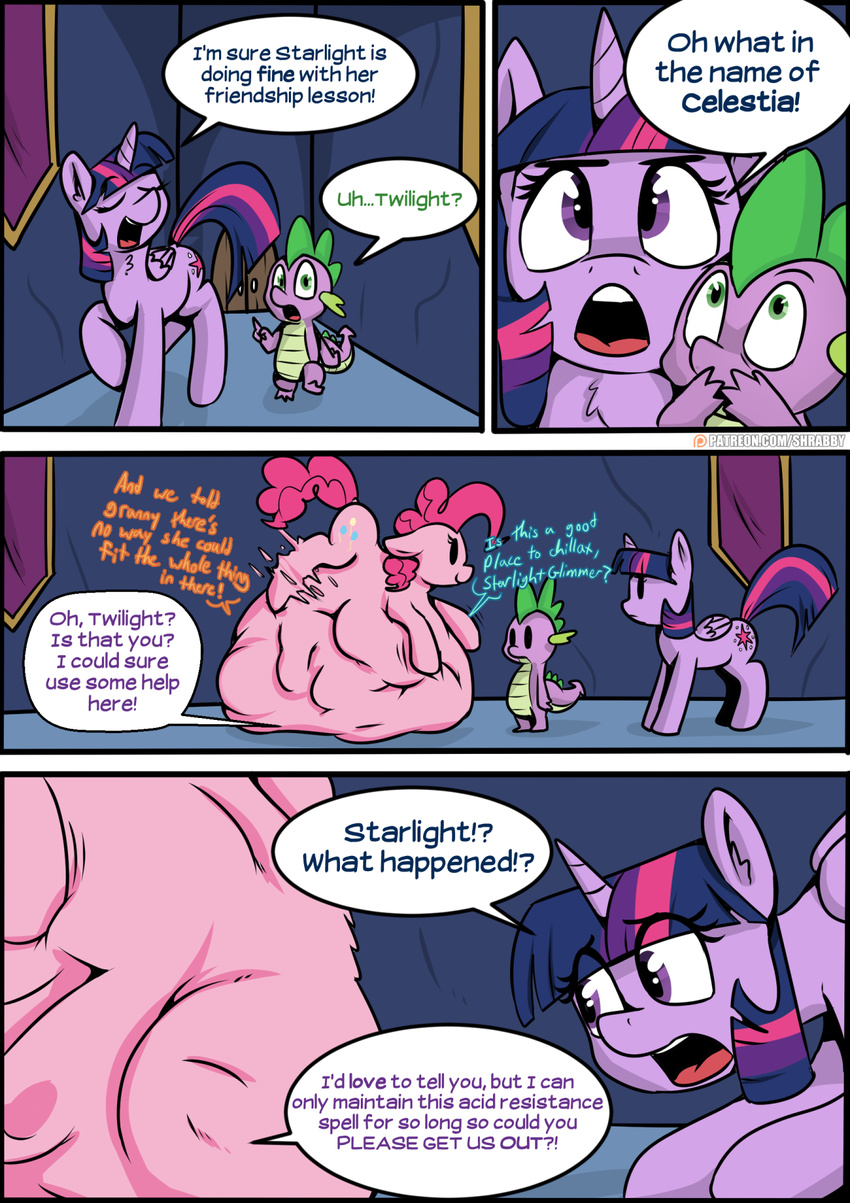 2017 comic cutie_mark dialogue dragon earth_pony english_text equine eyes_closed female feral friendship_is_magic green_eyes group hair hi_res horn horse mammal my_little_pony open_mouth pink_hair pinkie_pie_(mlp) pony purple_eyes shrabby sleeping sound_effects spike_(mlp) starlight_glimmer_(mlp) text vore winged_unicorn wings zzz