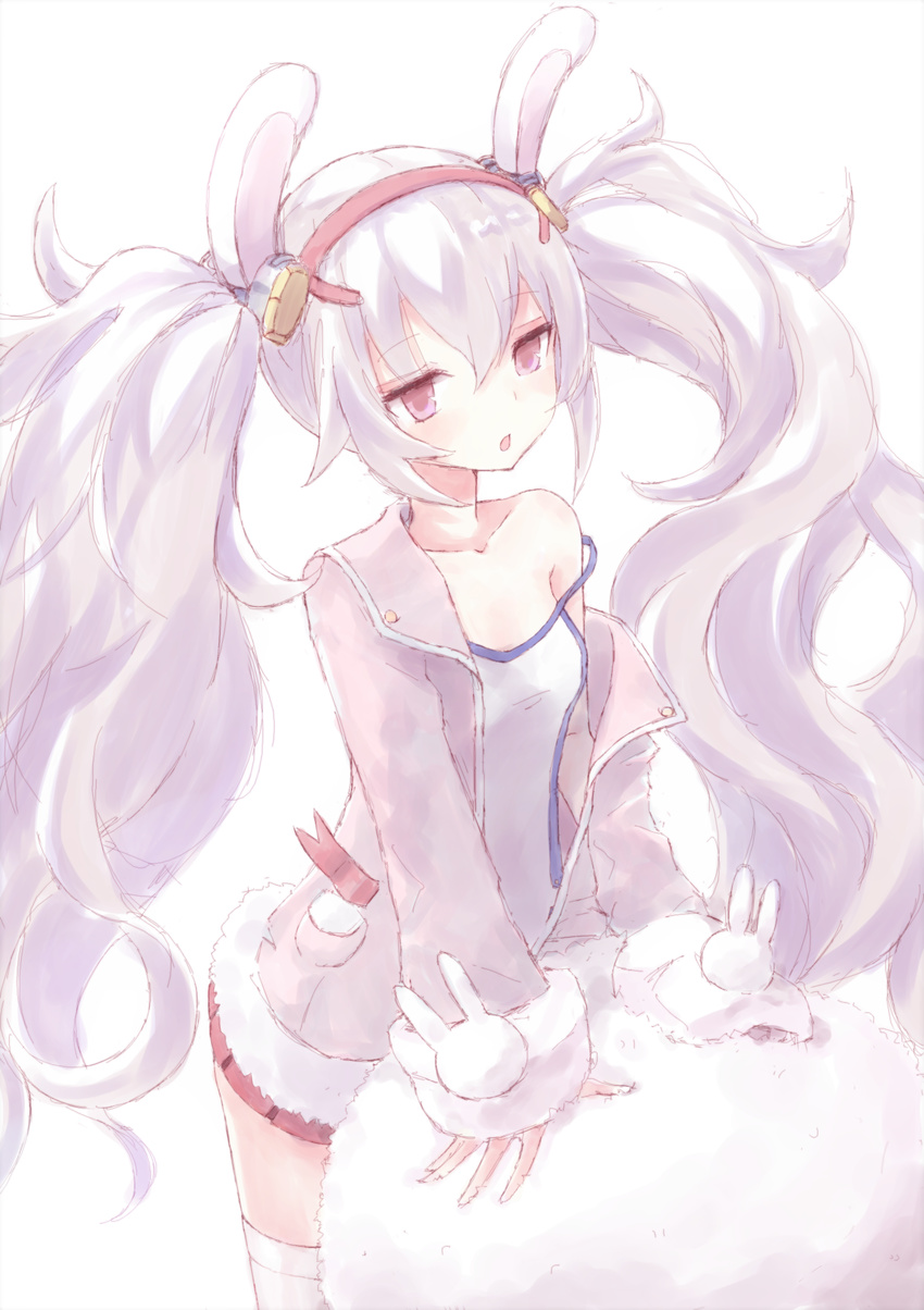 :o animal_ears azur_lane bangs bare_shoulders big_hair blush bunny_ears buran_(kure) camisole collarbone commentary_request eyebrows_visible_through_hair fur-trimmed_jacket fur_trim hair_between_eyes hairband highres jacket laffey_(azur_lane) long_hair long_sleeves looking_away open_clothes open_jacket parted_lips pink_hair pink_hairband pink_jacket pleated_skirt pocket purple_hair red_skirt simple_background skirt sleeves_past_wrists solo standing thighhighs twintails very_long_hair white_background white_camisole white_legwear