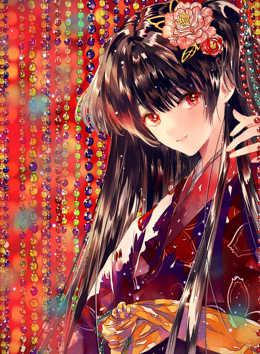 ahma bangs bead_curtain brown_hair eyebrows_visible_through_hair flower from_side hair_flower hair_ornament hand_up highres japanese_clothes kimono long_hair looking_at_viewer original parted_lips pearl red_eyes red_kimono smile solo