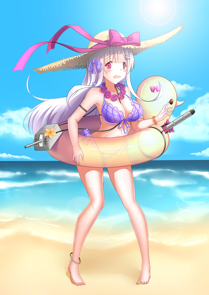 azur_lane barefoot beach bikini blush cygnet_(azur_lane) hat long_hair sky summer violet_eyes white_hair