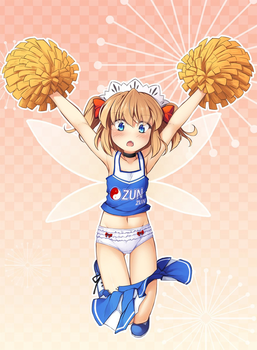 :o armpits arms_up bangs bare_shoulders black_choker black_neckwear blue_footwear blue_shirt blue_skirt blush bow checkered checkered_background cheerleader chima_q choker clothes_writing collarbone commentary_request eyebrows_visible_through_hair fairy_wings fang flat_chest folded_leg full_body hair_bow hairband highres jumping looking_at_viewer midriff navel open_mouth orange_background orange_hair outline panties pom_poms red_bow shirt shoes short_hair skirt sleeveless sleeveless_shirt sneakers solo sunny_milk touhou two_side_up underwear wardrobe_malfunction white_hairband white_outline white_panties wings yin_yang