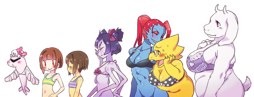 aircraft alphys anthro arachnid arthropod bottomless bow bra breasts caprine chara_(undertale) cleavage clothed clothing female fish goat group hair living_aircraft living_machine long_hair machine mammal marine muffet protagonist_(undertale) red_hair short_hair simple_background size_difference smile spider toriel tsunderplane undertale underwear undyne video_games white_background yugaiga