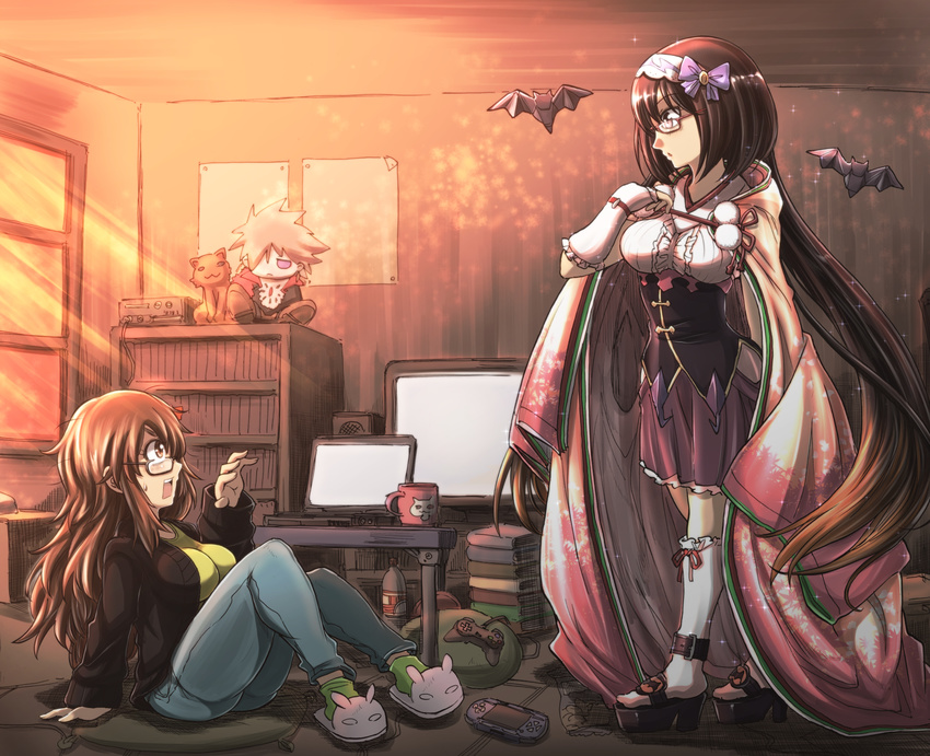 animal_slippers are_you_my_master bat book book_stack bottle bunny_slippers cat commentary computer controller cup fate/extra fate/extra_ccc fate/grand_order fate_(series) glasses handheld_game_console highres hikikomori jinako_carigiri karna_(fate) laptop messy_hair mug multiple_girls origami osakabe-hime_(fate/grand_order) playstation_portable poster_(object) stuffed_toy television trait_connection zatou_(kirsakizato)