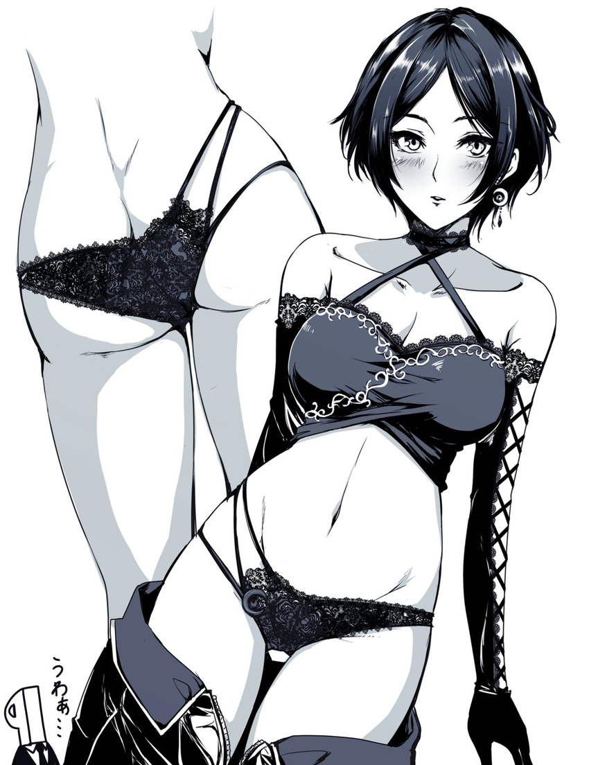 ass bare_shoulders blush bra butt_crack crescent crescent_earrings criss-cross_halter earrings elbow_gloves gloves greyscale hagane_soushi halterneck hayami_kanade highres idolmaster idolmaster_cinderella_girls idolmaster_cinderella_girls_starlight_stage jewelry lace lace-trimmed_bra lace-trimmed_gloves lace-trimmed_panties looking_at_viewer monochrome multiple_views navel p-head_producer panties pants short_hair simple_background stomach underwear underwear_only unzipped white_background