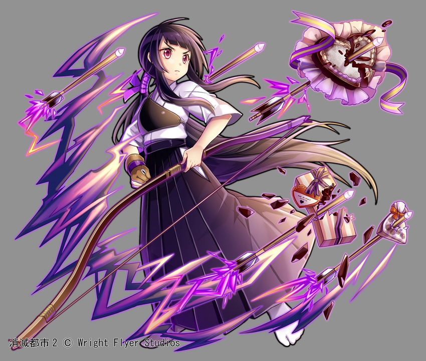 archery arrow_through_heart black_hair black_skirt bow_(weapon) breaking brown_gloves chocolate gift gloves grey_background hakama highres japanese_clothes long_hair looking_to_the_side muneate nou official_art ponytail purple_eyes shoumetsu_toshi_2 sidelocks skirt standing very_long_hair weapon