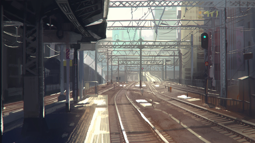 city commentary_request day derivative_work highres niy_(nenenoa) no_humans original power_lines railroad_signal railroad_tracks scenery sketch tokyo_(city) train_station train_station_platform