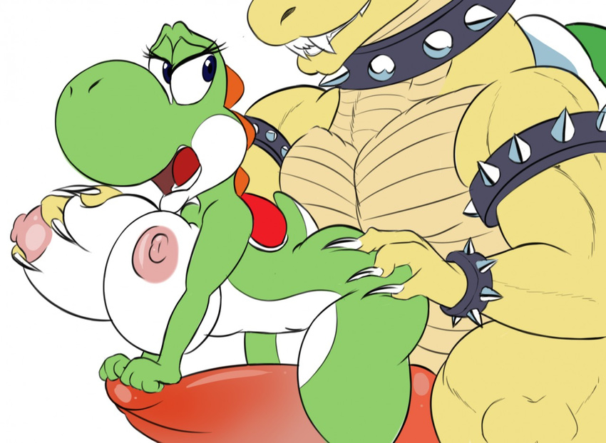 anthro big_breasts bowser breasts collar duo erection female hand_on_butt hyper hyper_penis koopa larger_male male male/female mario_bros muscular muscular_male nintendo nipples nude open_mouth penis scalie seii3 size_difference smile tapering_penis video_games voluptuous yoshi