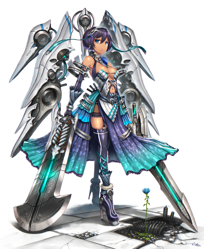 bangs bare_shoulders blue_eyes boots breasts closed_mouth dark_skin dress dual_wielding elbow_gloves fingerless_gloves flower frown full_body gia gloves hair_between_eyes high_heel_boots high_heels highres holding holding_sword holding_weapon looking_at_viewer machinery mecha medium_breasts navel original purple_dress purple_hair purple_legwear short_hair signature simple_background standing sword thighhighs v-shaped_eyebrows weapon white_background