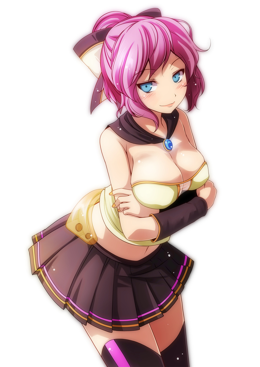 absurdres arm_warmers black_legwear black_skirt blue_eyes blush bow breast_hold breasts cheerleader cleavage cowboy_shot hair_bow highres large_breasts looking_at_viewer megurine_luka nail_polish navel pink_hair project_diva_(series) sing&amp;smile_(vocaloid) skirt smile solo standing tsukishiro_saika vocaloid yellow_nails