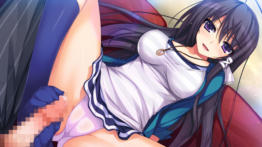 1girl black_hair blush breasts censored collarbone feet footjob game_cg hair_ribbon highres kneehighs large_breasts long_hair mizuno_rin necklace no_shoes open_mouth panties penis pink_panties purple_eyes reminiscence reminiscence_re:collect ribbon skirt smile socks solo_focus tomose_shunsaku