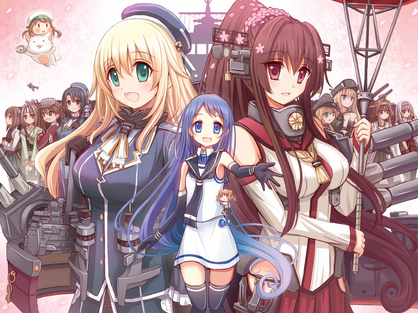 :d ahoge aircraft airplane atago_(kantai_collection) bangs bare_shoulders beret bismarck_(kantai_collection) black_gloves black_hair black_legwear blonde_hair blue_eyes blue_hair brown_eyes brown_hair cannon cat cherry_blossoms chibi commentary_request detached_sleeves elbow_gloves error_musume fairy_(kantai_collection) flower gloves gradient_hair green_eyes hachimaki hair_flower hair_ornament hairband hat headband headgear high_ponytail japanese_clothes kantai_collection kariginu kongou_(kantai_collection) light_brown_hair long_hair looking_at_viewer machinery michishio_(kantai_collection) military military_hat military_uniform multicolored_hair multiple_girls muneate neckerchief nontraditional_miko open_mouth peaked_cap petals ponytail prinz_eugen_(kantai_collection) red_eyes red_skirt revision rizuriri ryuujou_(kantai_collection) sailor_collar samidare_(kantai_collection) school_uniform serafuku ship shirt short_hair shoukaku_(kantai_collection) silver_hair skirt sleeveless sleeveless_shirt smile swept_bangs taihou_(kantai_collection) takao_(kantai_collection) thighhighs twintails umbrella uniform very_long_hair visor_cap watercraft yamato_(kantai_collection) zettai_ryouiki zuihou_(kantai_collection)