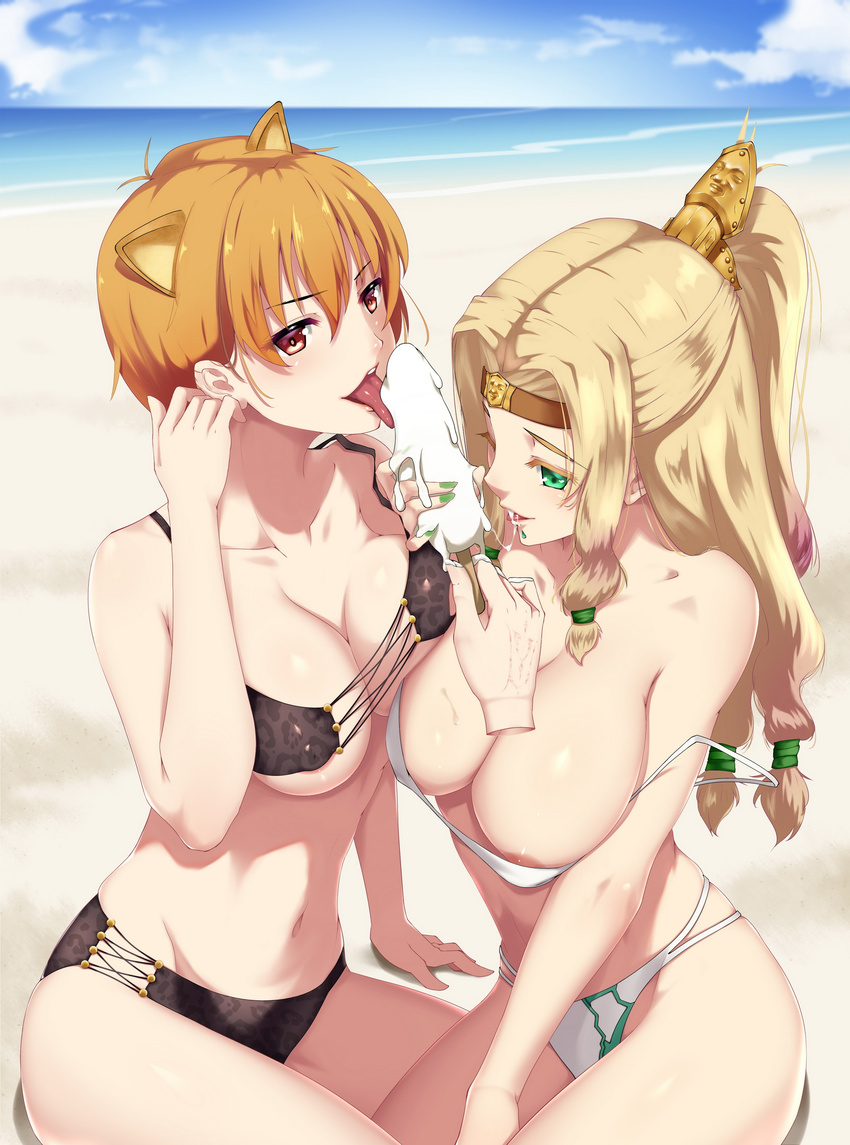 absurdres animal_ears areola_slip areolae beach blonde_hair bracer breasts command_spell covered_nipples day disembodied_limb eating fate/grand_order fate_(series) food fujimura_taiga green_eyes hair_tucking highres ice_cream jaguarman_(fate/grand_order) kamkac large_breasts licking long_hair looking_at_viewer multiple_girls navel open_mouth orange_hair outdoors pink_lips ponytail quetzalcoatl_(fate/grand_order) red_eyes sexually_suggestive short_hair sitting smile strap_slip take_your_pick tiger_ears tongue tongue_out